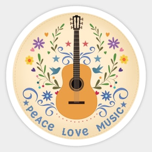 Peace Love And Music Folk Guitar Badge Sticker